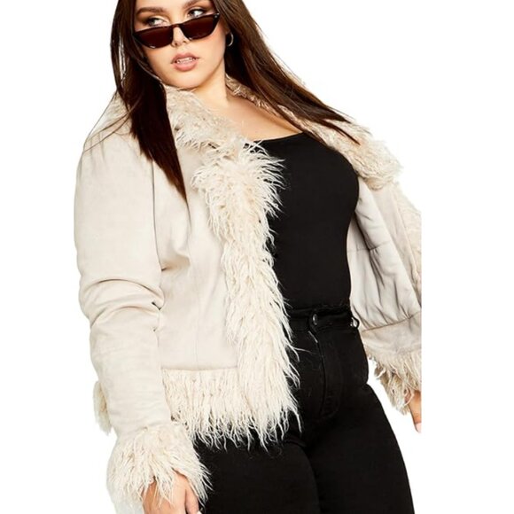 NWT City Chic Faux Suede Cream Fur Trimmed Jacket size 20 - Picture 1 of 14